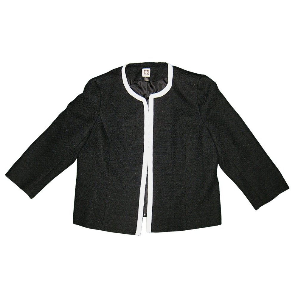 Anne Klein Collarless Tweed Jacket Open Front Women's Black White Gently Used